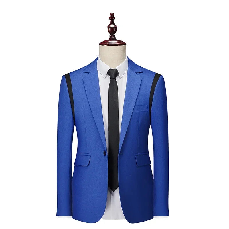 Black/Green Splicing Suit Jacket Men's, Single-button V-neck Slim Dress Coat, Korean Style Young Boys Blazers Red Gray Blue