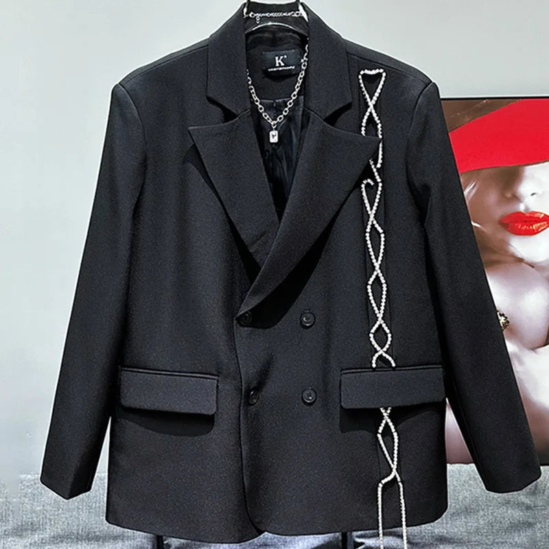 PFHQ Men's Hot Diamond Blazers Chain Decoration Loose Niche Streetwear Temperament Double Breasted Suit Jackets Summer 21Z4519