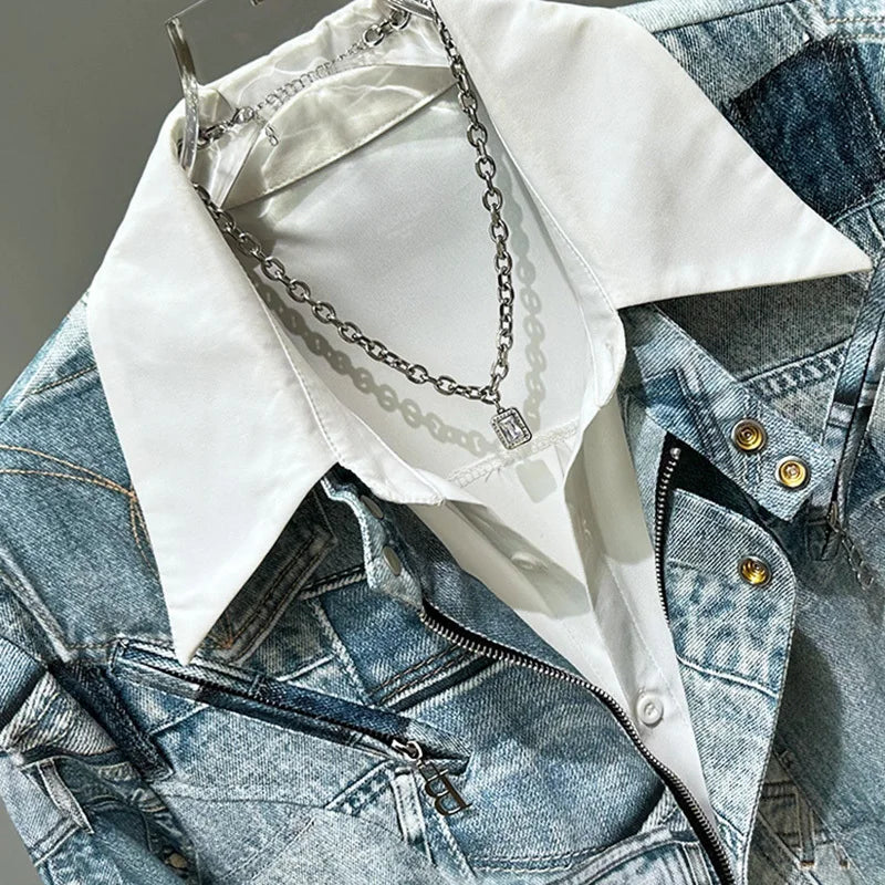 PFHQ Men's Coat Tide Spliced Denim Button Zipper Design Popular Contrast Color Male Short Personality Jackets Summer New 21Z4502