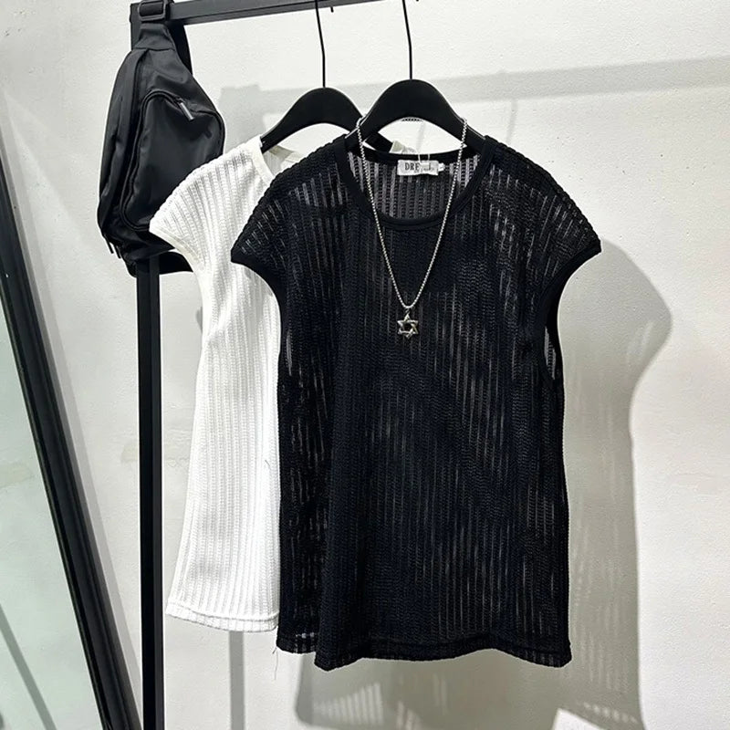 PFHQ Summer Trendy Niche Darkwear Hollowed Out Loose Knit Vest Solid Color Round Neck Korea Fashion Male Tops 21Z5188