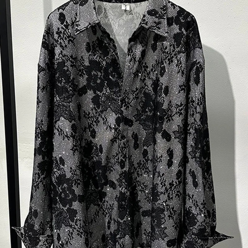 PFHQ Autumn Men's Darkwear Lace Embroidery Shirts Loose Fashionable Long Sleeved High Street Print Light Luxury Ins Tops 21Z1198