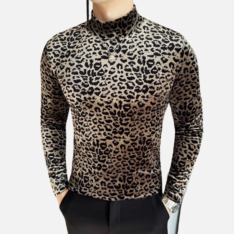 PFHQ Leopard Print Men's Tees Mock Neck Long Sleeve Pleuche Slim Niche Design Casual Clothing Pullover Male T-shirt 2025 21Z9022