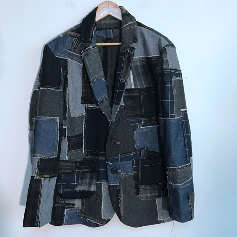 PFHQ Autumn Men's Denim Plaid Raw Edge Stitching Blazers Patchwork Design Cool Motorcycle Creativity Casual Button Coat 21Z1406