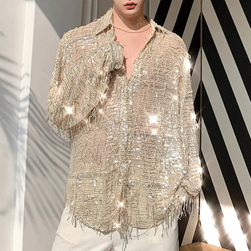 PFHQ Irregular Beaded Tassel Shirts Men's Nightclub Sequin Light Luxury Sexy Handsome Personality Male Tops Summer New 21Z4206