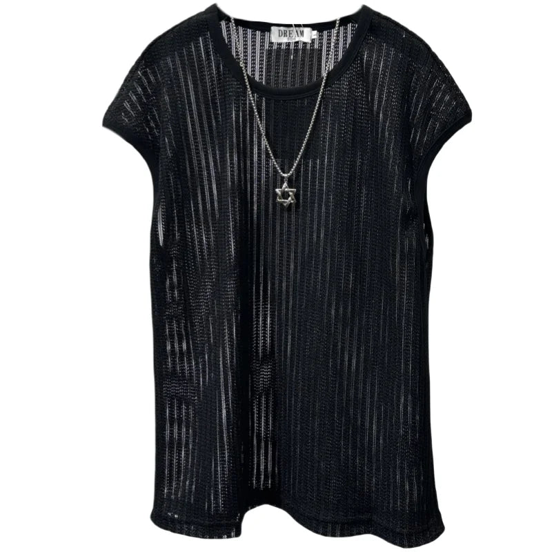 PFHQ Summer Trendy Niche Darkwear Hollowed Out Loose Knit Vest Solid Color Round Neck Korea Fashion Male Tops 21Z5188