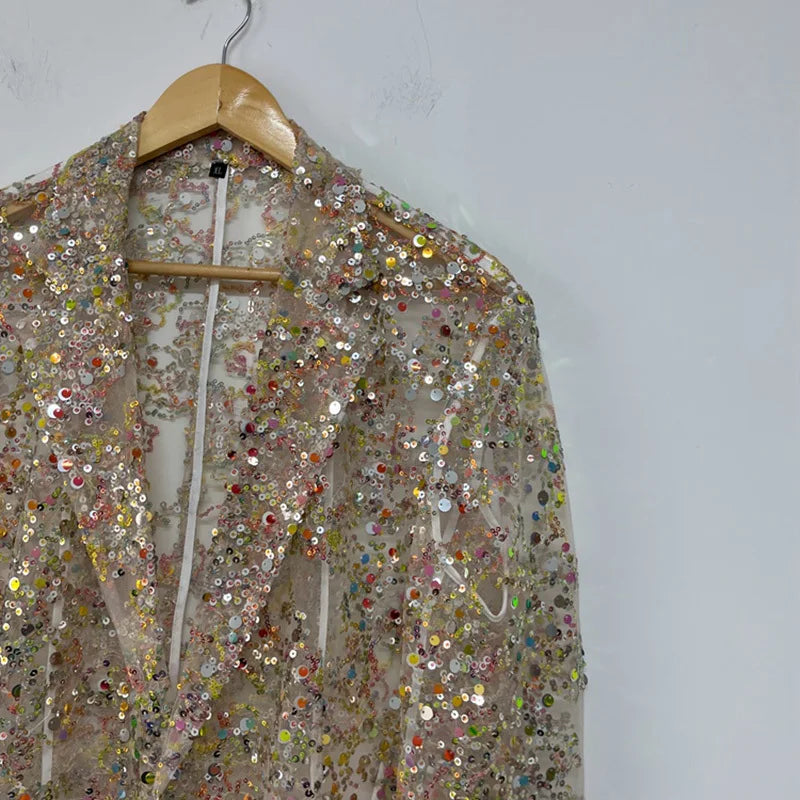 PFHQ Colorful Sequin Embroidery Male Blazers Perspective Mesh Sexy Delicacy Button Casual Summer Men's Light Luxury Coat 21Z4404