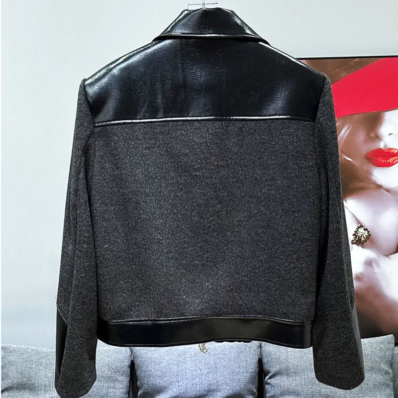 PFHQ Korean Splicing Color Design Short Jacket Autumn Winter New Pu Leather 2024 Zipper Contrast Color Male Tops 21Z7252