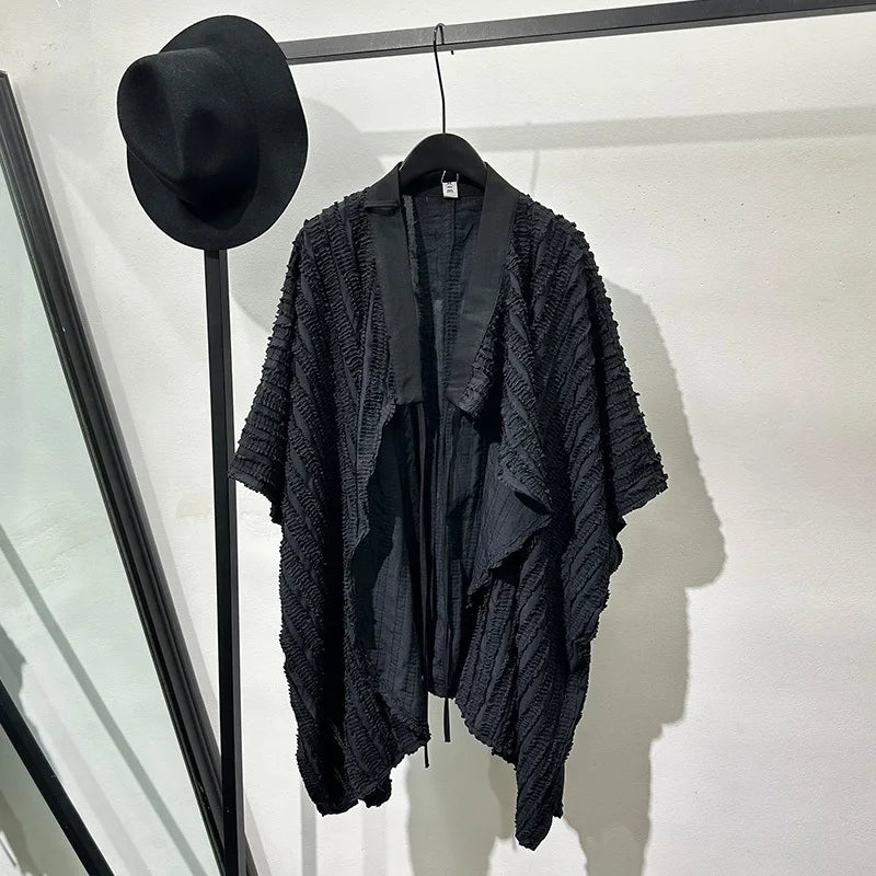 PFHQ Men's Irregular Wrinkles Windbreakers Summer Lace-tied Half-sleeve Silhouette Cloak Male Coat Avant-garde Design 21Z4892