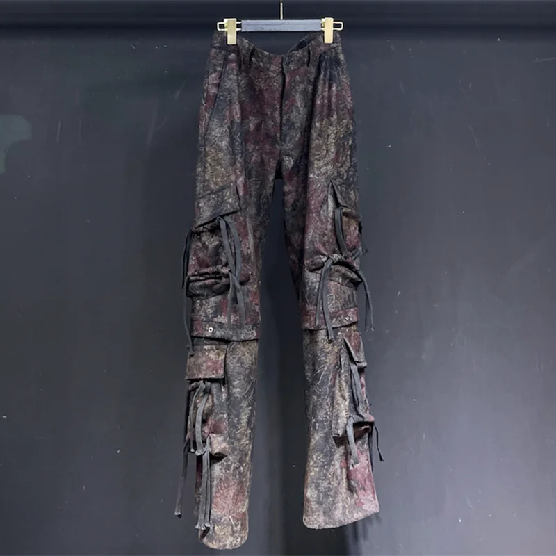 PFHQ Personality Printed Men's Pants Tide Summer Streetwear Multi Pockets Advanced Straight Trousers Rope Niche Design 21Z4525