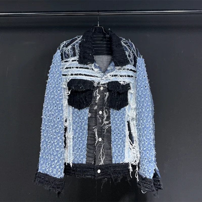 PFHQ 2023 New Jackets For Men Long Sleeve Patchwork Tassels Loose Single Breasted Denim Coat Men's Summer Fashion Tide 21F4042