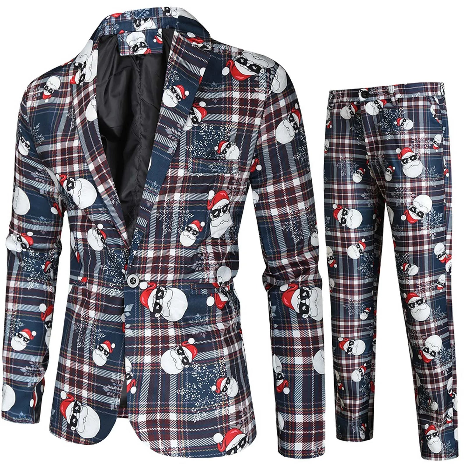 Men Jacket Pants Suit  Business Casual Cartoon Santa Snowflake Print Blazers Set Men New Year Party Coat Long Trousers Sets