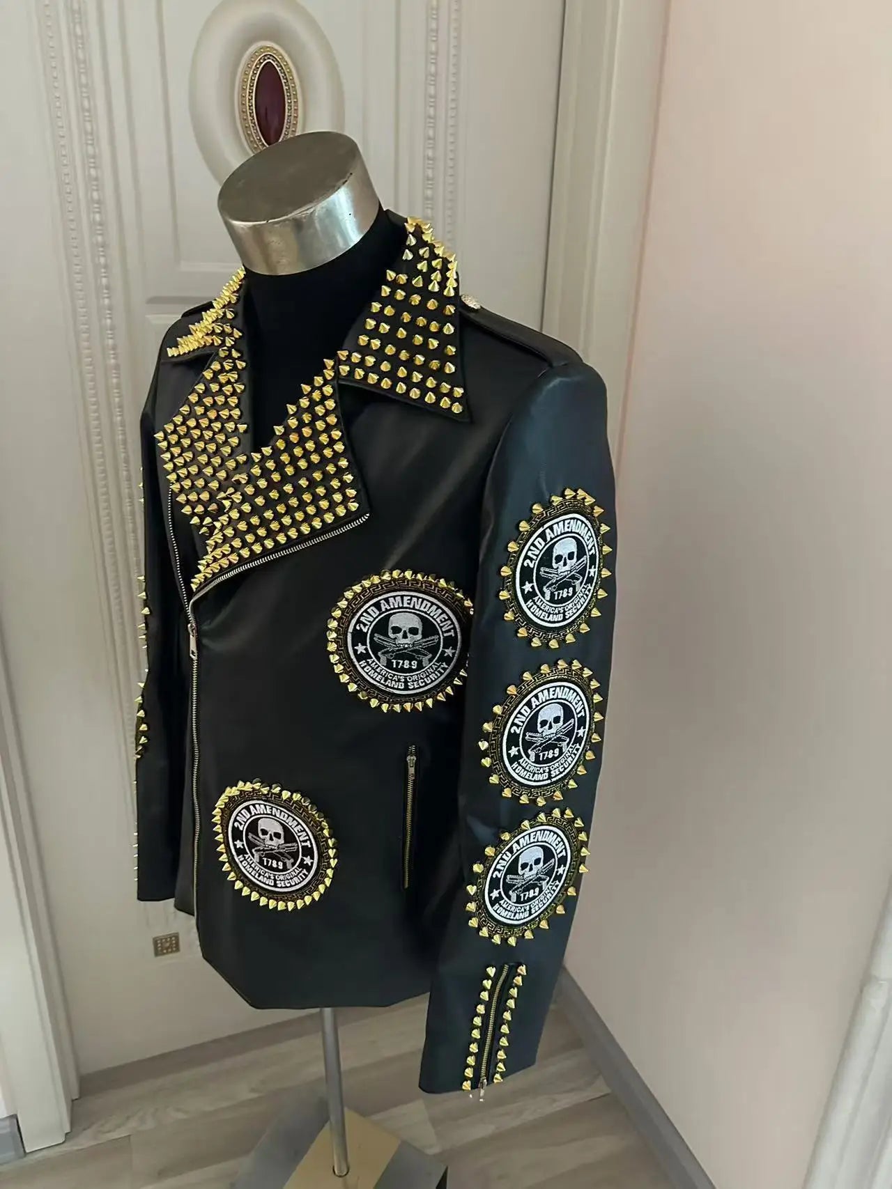 Customs Handmade Men's Cool Skeleton Rivets Leather Jacket Costumes Party club Male Singer Dancer Stage Show Performance Coat