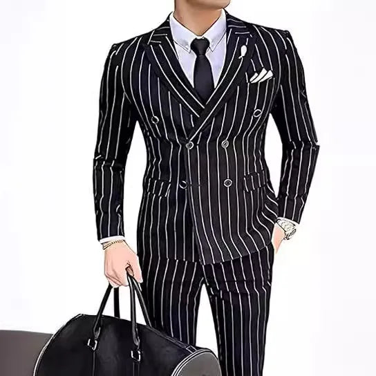 Grey Striped Mens Suits Double Breasted for Wedding Custom Made for Man Costume Groom 2-Pieces Tuxedos Best Man Blazer Pants