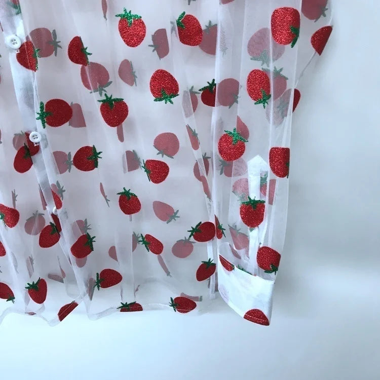 PFHQ Summer Strawberries Printed Shirts Men's See-through Designer Loose Sunscreen Clothing Elegant Original Sexy Tops 21F1885