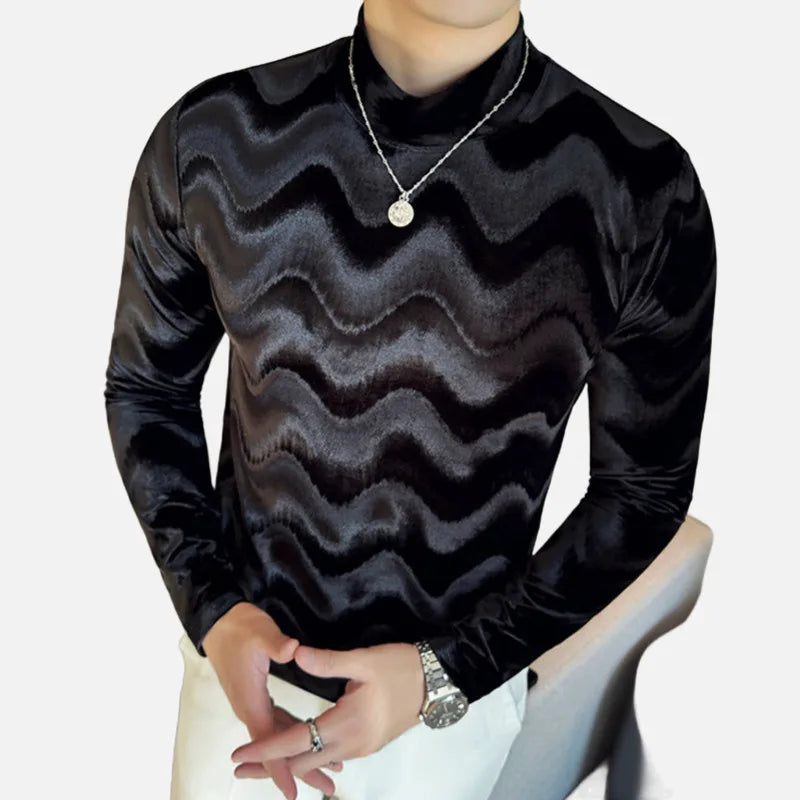 PFHQ Wave Patterned Pleuche Long Sleeved Men's T-shirt Slim Niche Design Mock Neck Solid Color Slim Male Clothing 2025 21Z9024