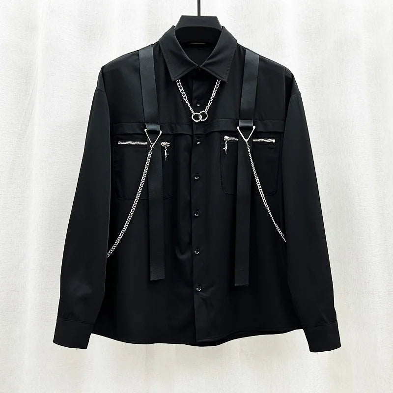 PFHQ Autumn Male High Quality Niche Design Strap Chain Shirts Trendy Ins Functional Loose Outdoor Motorcycle Simple Tops 21Z1311