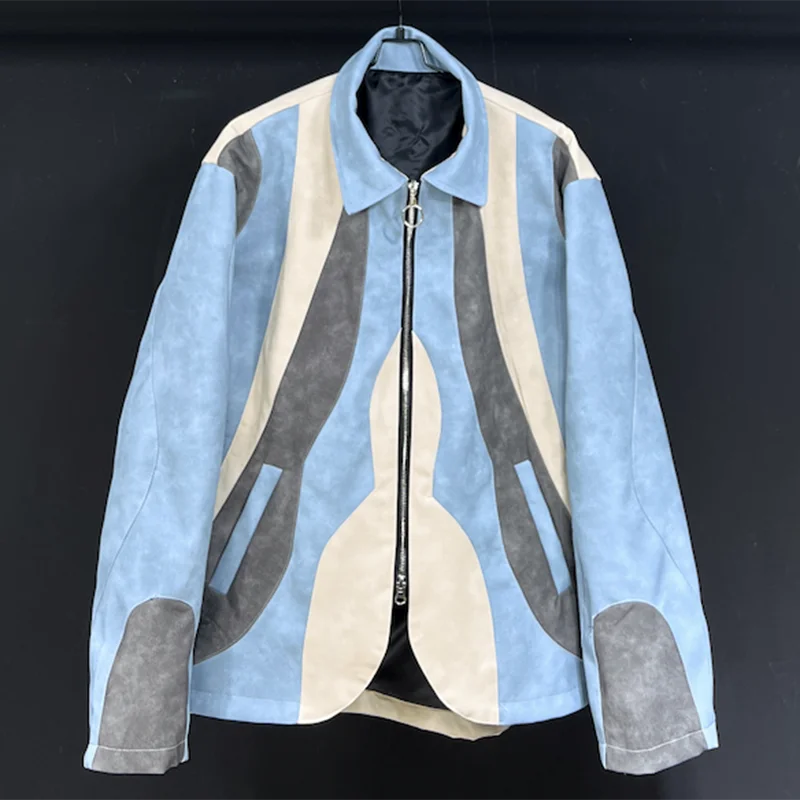 PFHQ PU Contrast Color Male Jackets Turn-down Collar Niche Design Silhouette Spring Men's Zippers Heavy Industry Coat 21Z4258