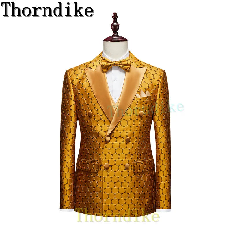 Thorndike 2022 New Yellow Pattern Men Party Tuxedos Suits 3 Pieces Latest Lapel Men Suits Buttons Fashion Style Suits