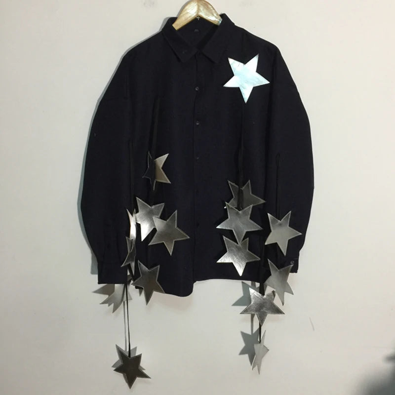 PFHQ 2023 Summer New Fashion Pentagram Decoration Shirts For Men Long Sleeve Single Breasted Loose Men's Blouse Clothing 21F3692