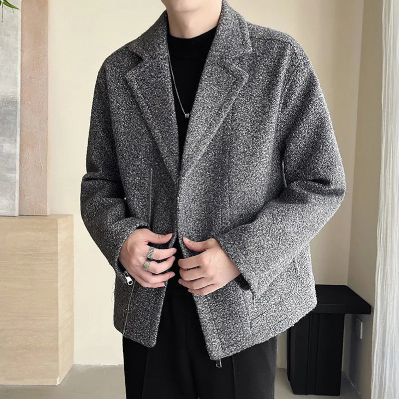 PFHQ Korean Style Men's Woolen Overcoats Thickened Zippers Solid Color New Trendy Autumn Male Short Trench 2024 Menswear 21Z6587