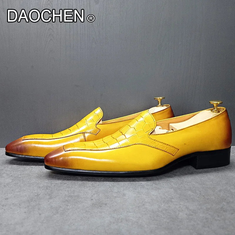 LUXURY MEN'S LOAFERS SHOES SLIP ON SPLIT TOE YELLOW CROCODILE PRINT CASUAL DRESS SHOES OFFICE WEDDING LEATHER SHOES MEN