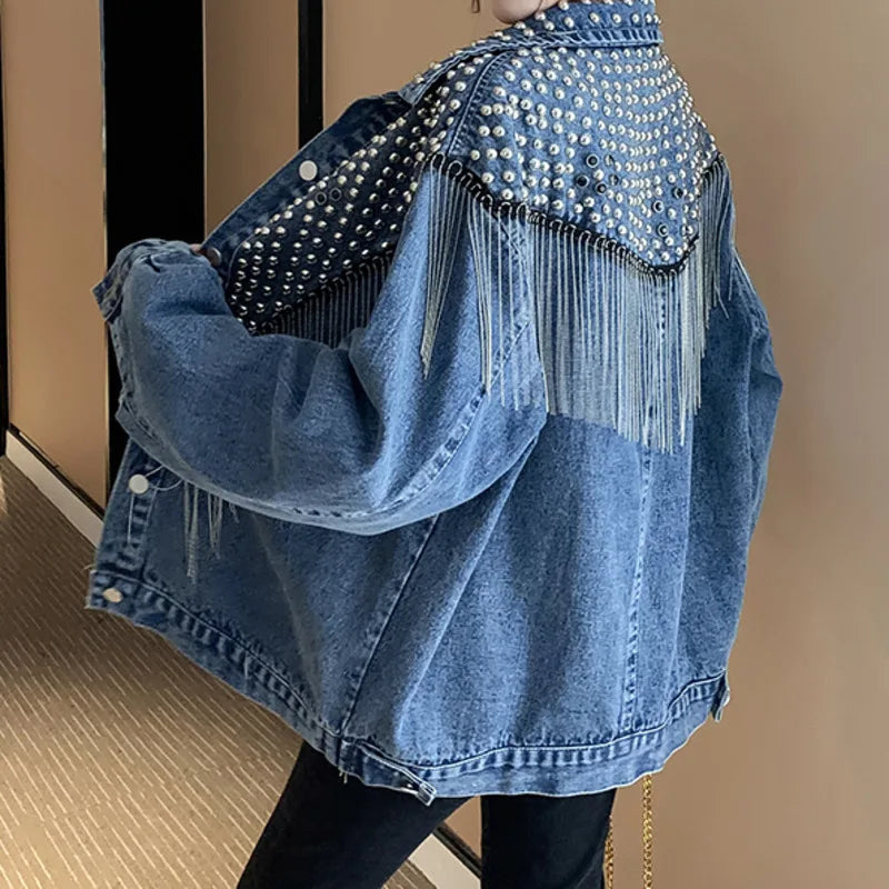 PFHQ Men's Denim Coat Short Heavy Industry Bead Tassel Korean Stage Performance Handsome Delicacy Popular Jackets Spring 21Z3714