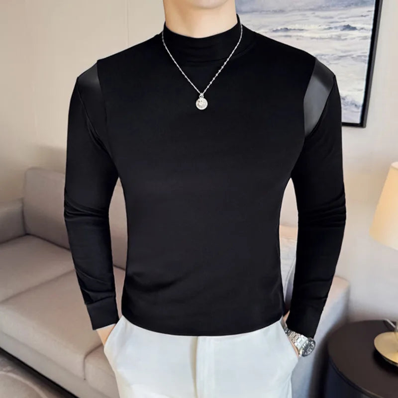 PFHQ Fashion Men's Tops Pullover PU Leather Solid Color Slim Mock Neck T-shirts Slim Long Sleeve Casual Male Tees Spring 21Z9025