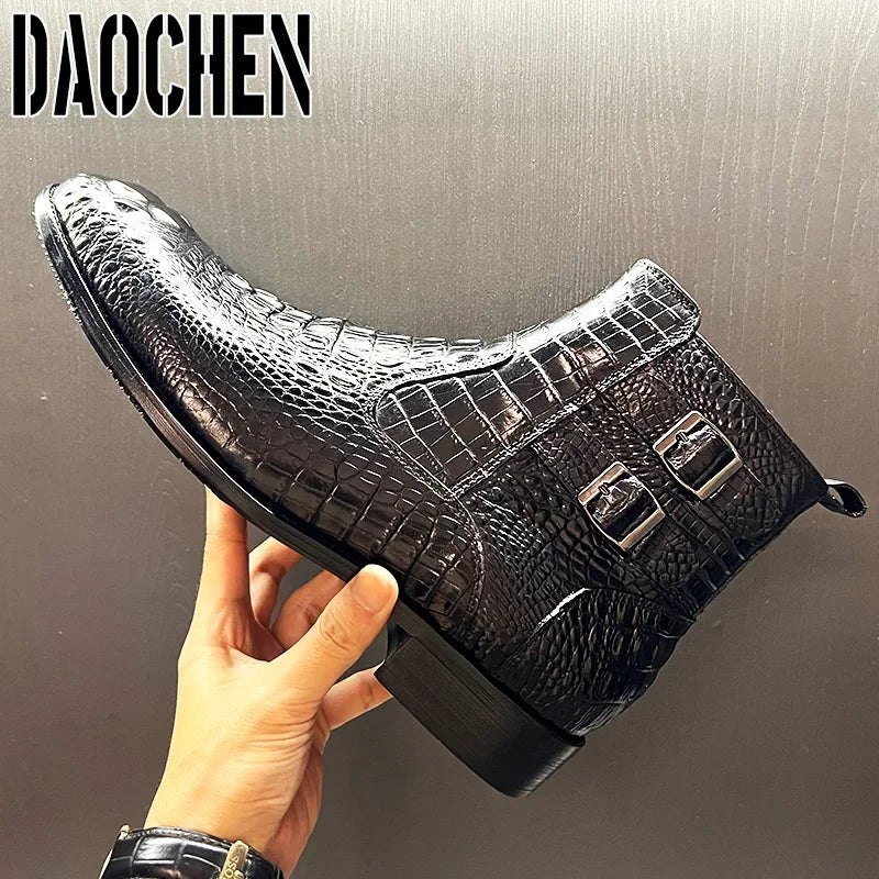 Luxury Men Ankle Boots Shoes Black Brown Crocodile Printed Zipper Chelsea Double Buckle Genuine Leather Dress Men Boots