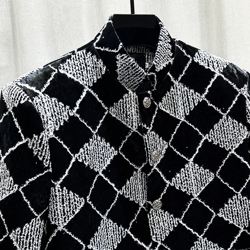 PFHQ New Fashion Design Checkered Suede Men's Coat Trendy Retro Casual Versatile Short Stand Up Collar Jacket 21Z5565