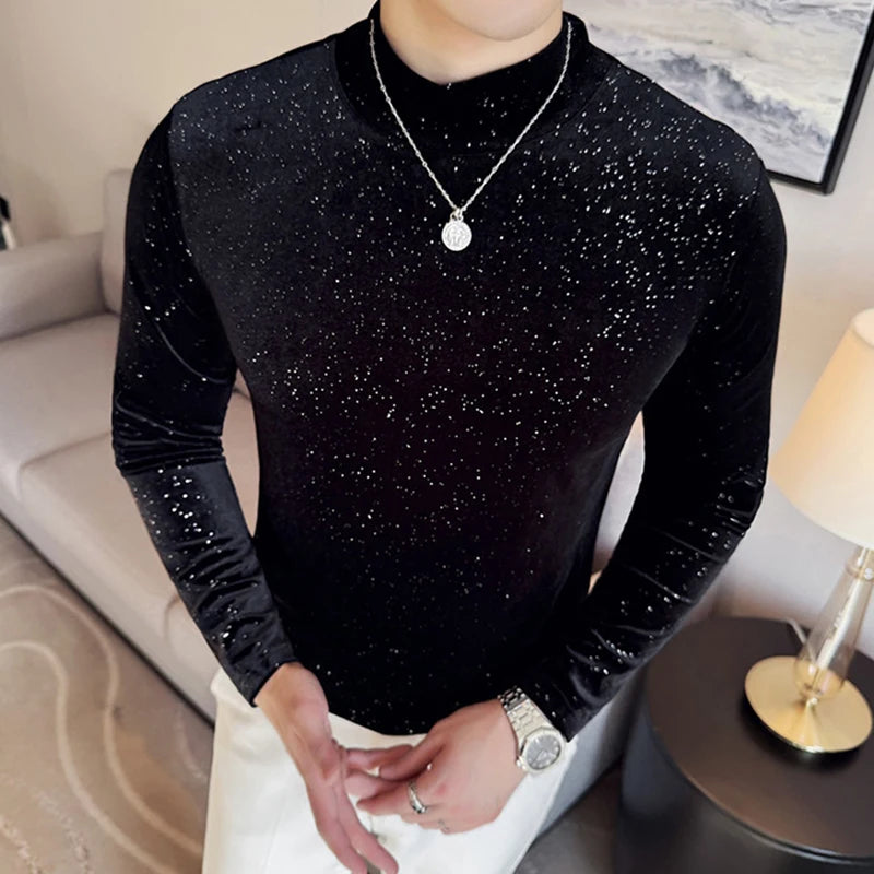 PFHQ Fashionable Starry Sky Long Sleeved T-shirts Mock Neck Pleuche Solid Color Male Tops Slim Casual Menswear Clothing 21Z9021