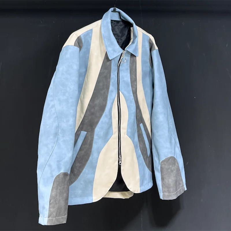 PFHQ PU Contrast Color Male Jackets Turn-down Collar Niche Design Silhouette Spring Men's Zippers Heavy Industry Coat 21Z4258