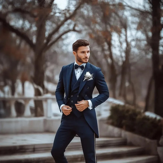 Men Suits 3 Piece Fashion Peak Lapel Single Breasted Tailcoat Chic Party Wedding Groom Prom Male Suit (Jacket+Vest+Pants)