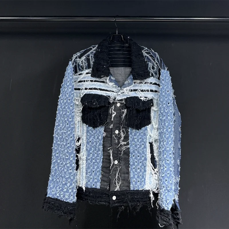 PFHQ 2023 New Jackets For Men Long Sleeve Patchwork Tassels Loose Single Breasted Denim Coat Men's Summer Fashion Tide 21F4042