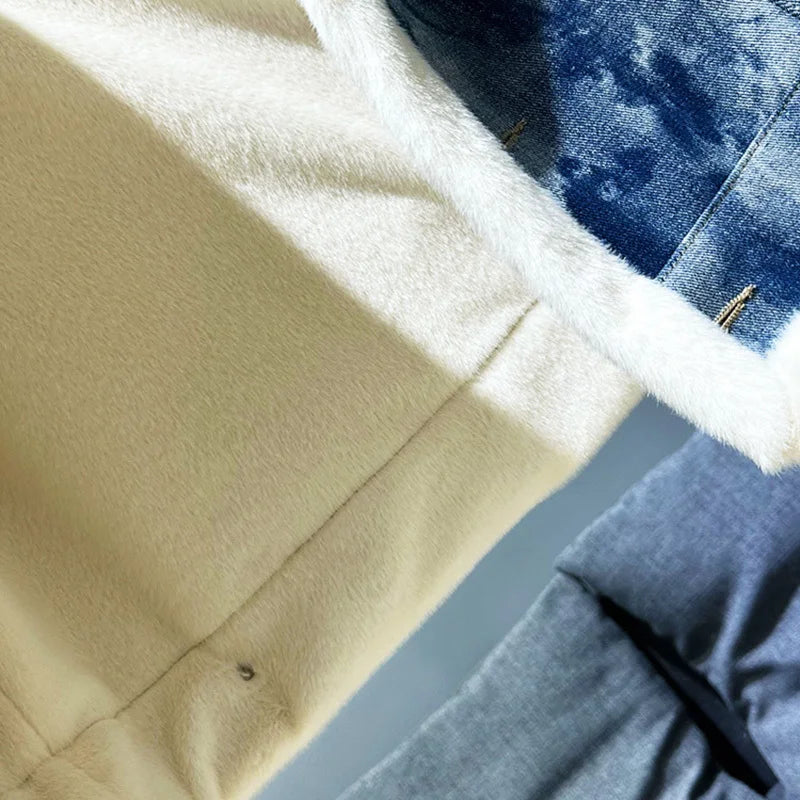 PFHQ Plush Design Men's Denim Fur Parka Jacket Sequin 2024 Patchwork Contrast Color Long Sleeve Male Tops Streetwear  21Z7713