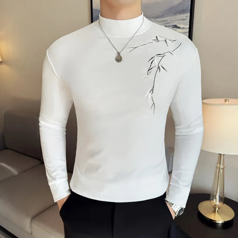 PFHQ Embroidery Bamboo Men's T-shirts Mock Neck Contrast Color Slim Casual Chinese Style Menswear Pullover Male Tees 21Z9026