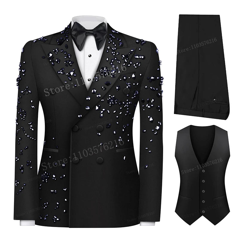 Luxury 3 Pieces Men's Suits Jewel Decoraction Jacket Vest Pants Suit for Party Prom Wedding Groom