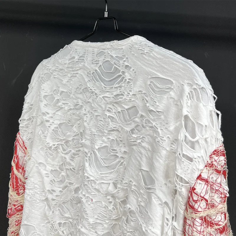 PFHQ 2023 Summer New Fashion Casual For Men's T-shirt O-neck Patchwork Hold Hollow Out Long Sleeve Loose Tops Men Tide 21F4019