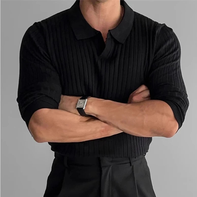New Autumn Men's Light Luxury turn-down collar Knitted Polo Shirt Solid Color Long-sleeved Pullover Leisure Knitwear Streetwear