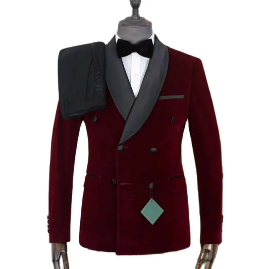 Luxury Men Suits Burgundy Velvet Blazer Black Pants 2 Piece Double Breasted Shawl Lapel Formal Wedding Bespoke Male Clothing