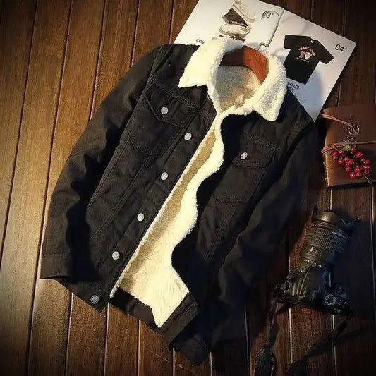 Men's Denim Jacket With Sheep Male Jean Coats Padded Black Padding Wool Slim Fit Warm Washed Young On Sale Low Cost G Clothing