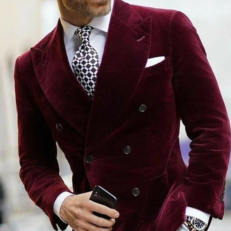 Men's Velvet Blazer for Dinner Italian Style Double Breasted Smoking Jacket Elegant Coat for Wedding Prom Party 2024