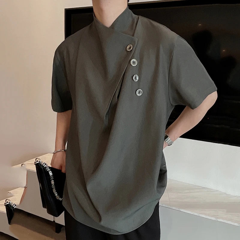 PFHQ Summer New Niche Irregular Loose Short Sleeved Men's Shirt 2024 Solid Color New Korea Fashion Male Tops 21Z5317