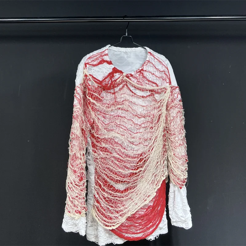PFHQ 2023 Summer New Fashion Casual For Men's T-shirt O-neck Patchwork Hold Hollow Out Long Sleeve Loose Tops Men Tide 21F4019