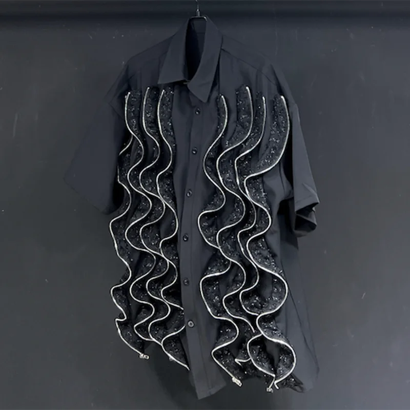 PFHQ Men's Summer Versatile Shiny Twisted Zippers Shirts Tide Lapel Short Sleeve Personality Handsome Casual Male Tops 21Z4817