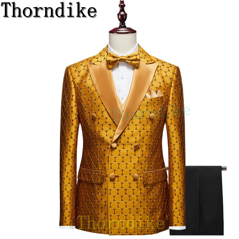 Thorndike 2022 New Yellow Pattern Men Party Tuxedos Suits 3 Pieces Latest Lapel Men Suits Buttons Fashion Style Suits