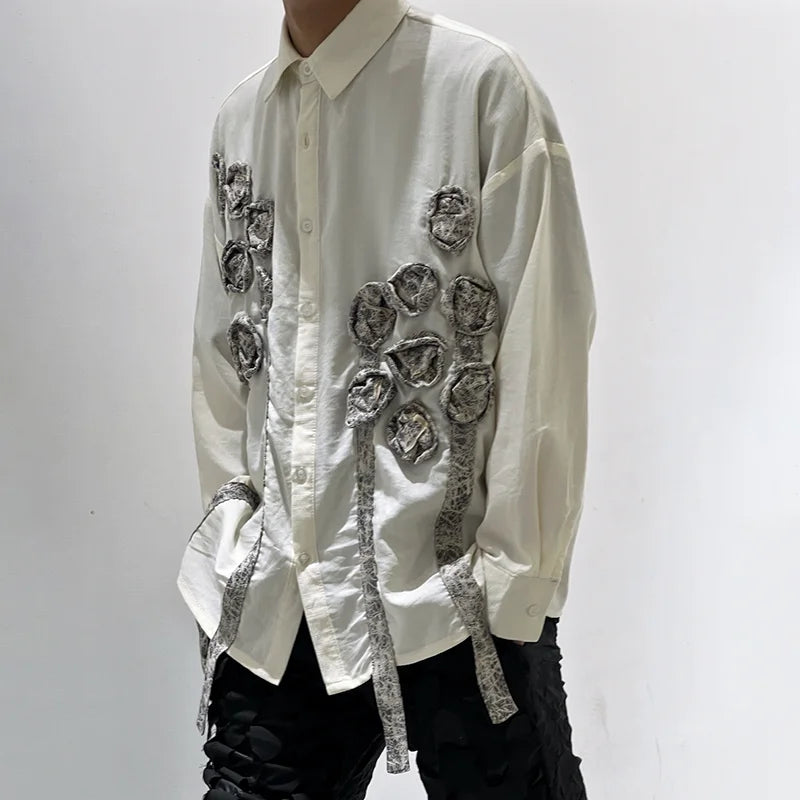 PFHQ 3D Handmade Old Flower Shirts Summer Men's Handsome Ribbon Long Sleeve Light Luxury Button Sports Casual Male Tops 21Z4849