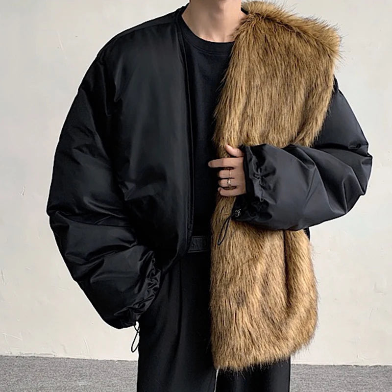 PFHQ Men's Fur Cotton Coat Niche Design Autumn Texture Warm Top Collar Detachable Patchwork Winter Male Padded Jacket 9C3603