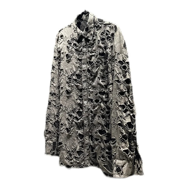 PFHQ 2023 Trendy Elegant Broken Hole Vintage Design Men's Shirts Long Sleeve High Quality Male Spring Stylish Street Jackets New