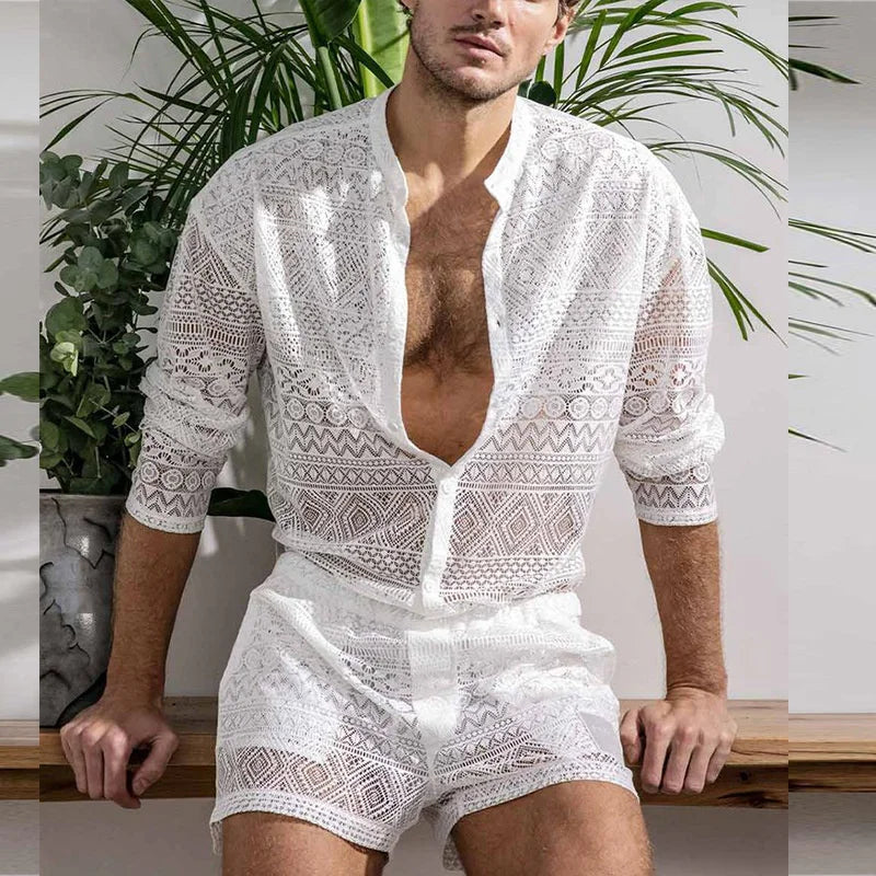 PFHQ 2023 Summer New Hollow Out Sexy Lace Shorts Shirt Sets Men's Fashion Suit Clothes Free Shipping Trendy Elegant Beach Cheap