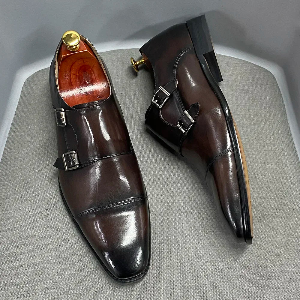 Luxury Handmade Genuine Leather Men's Shoes Formal Classic Double Buckle Monk Shoes Pointed Toe Business Dress Wedding Men Shoes